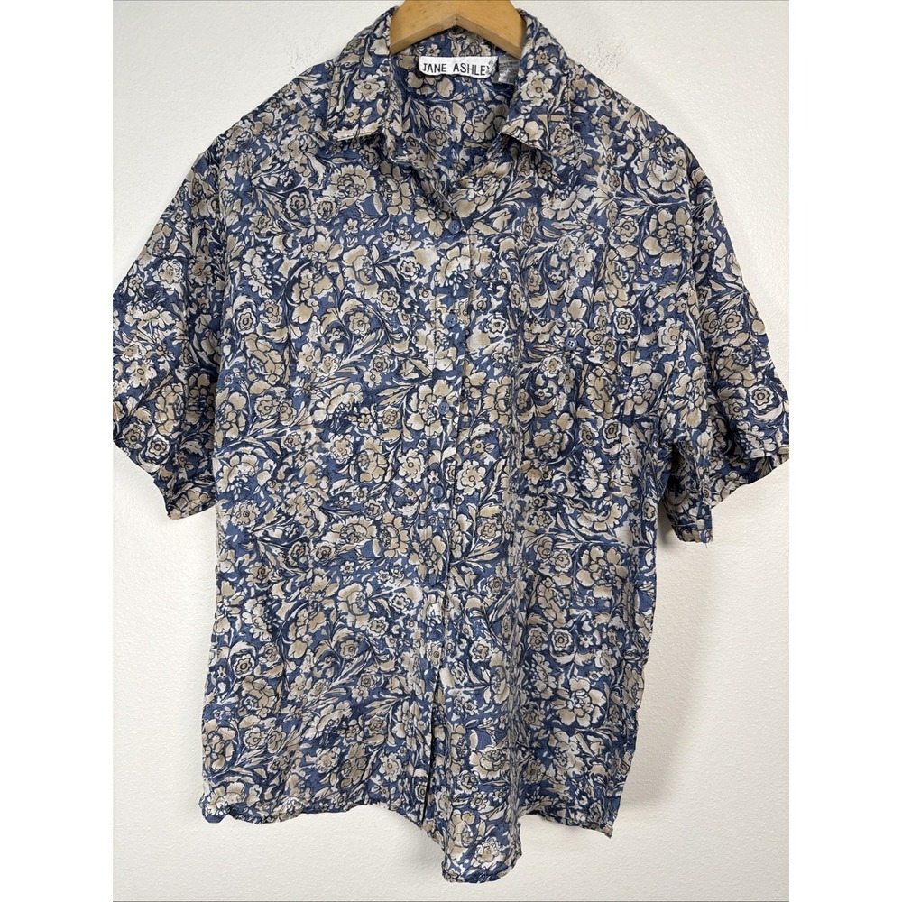 Vintage Jane Ashley Pure Silk Oversized Medium Top Blouse Blue Beige Floral